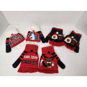 Lot Of 3 Half Finger Fold Over Christmas Pattern Knitted Gloves Cartoon Mittens